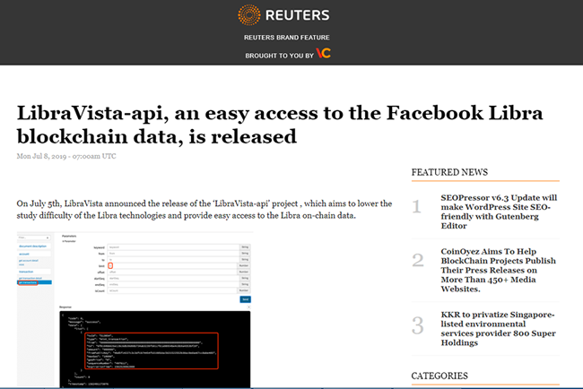 路透社：LibraVista-api，一个轻松访问Facebook Libra数据的工具已发布!