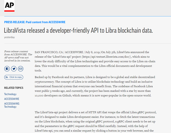 路透社：LibraVista-api，一个轻松访问Facebook Libra数据的工具已发布!